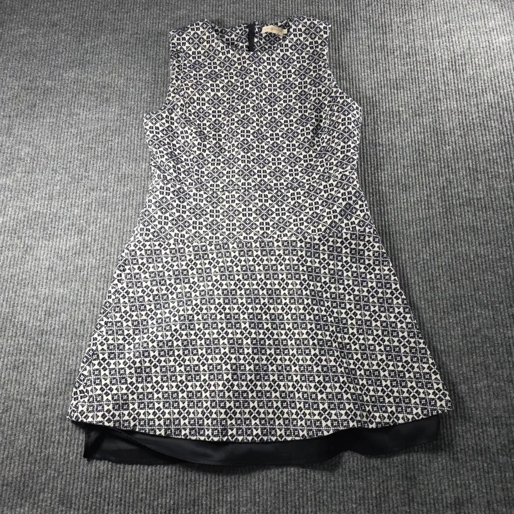 Tory Burch Navy Cream Geometric Jacquard Sleeveless A-Line Dress Size 14